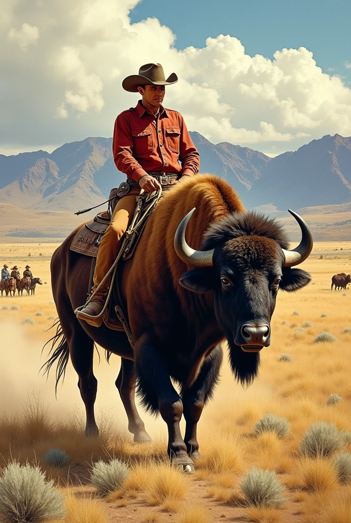 a buffalo, artwork in the style of Tony Moore, Western comics, Wyoming landscape, rodeo