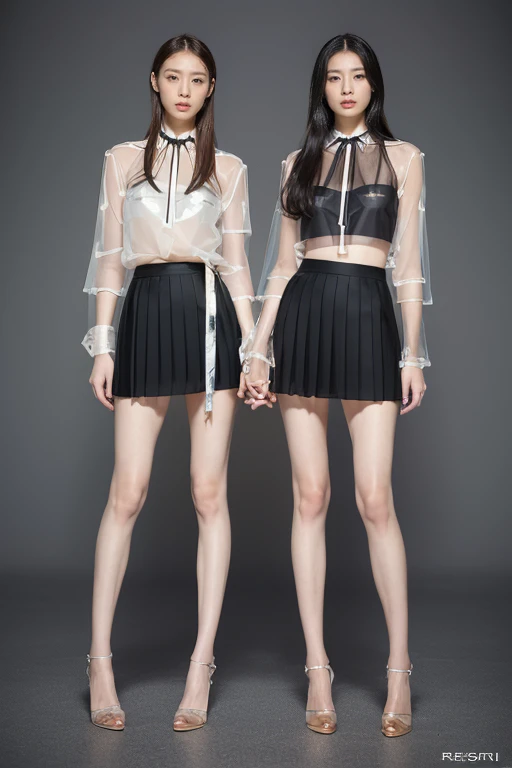 (((original photography:1.2))),((Realism:1.3)),2 girls standing together,((Transparent skirt,Thin Material)),Full body portrait,Very detailed face,exquisite eyes,Charming eyes,Realistic skin texture, (fashion style:1.3) ,(Transparent skirt:1.3), Golden body proportions, messy long hair, (very detailed) ,damaged skirt,((lift each other's skirts)),precise, Dramatic