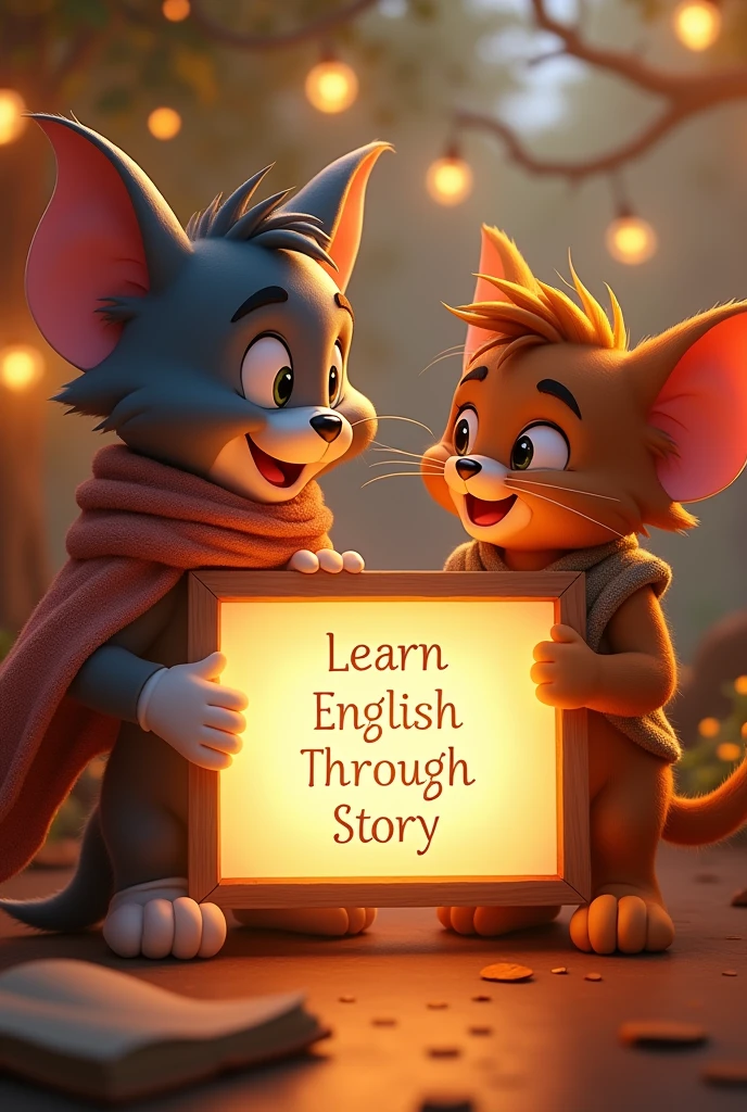 Beautiful Tom and Jerry with heart-warming smile and wavy long hair, bohemian dress, holding a white board with text "learn English Through Story" and showing it to the viewer, the board is glowing with a the text.