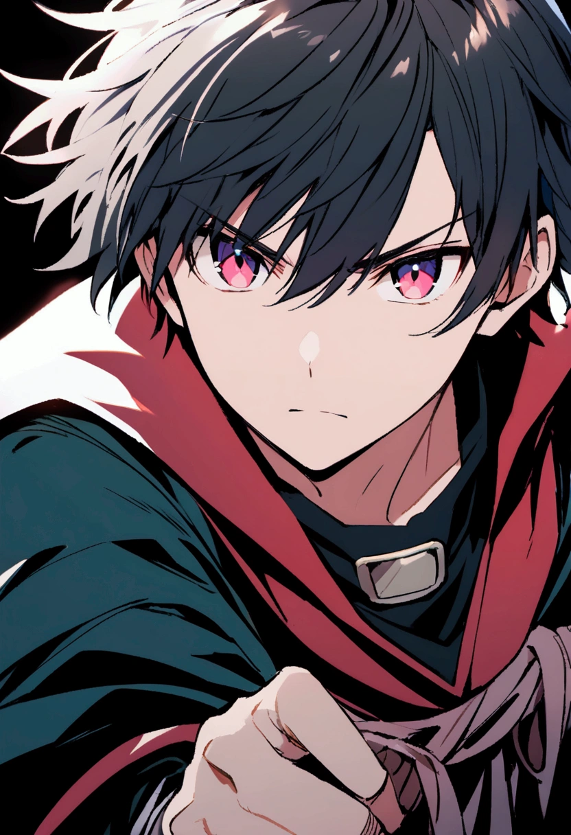 boy with short black hair, dark blue eyes, wizard school clothes, black and blue coloring