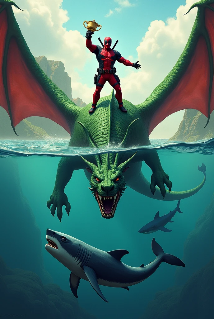 Deadpooll on top of a green dragon holding a trophy and below a sad blue shark and whale 