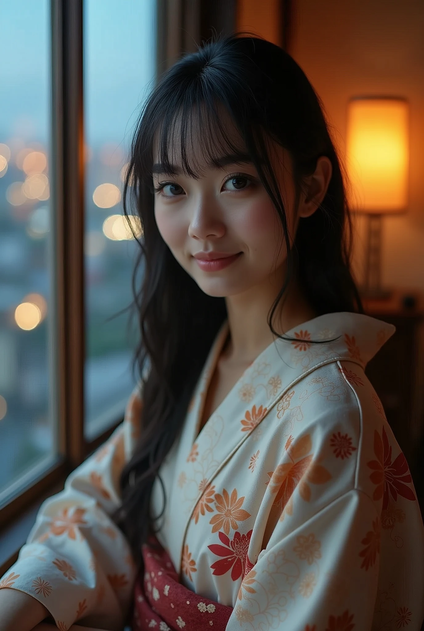 Realistic, alone, Japanese、(beautiful girl)、 yukata, Natural appearance, A kind smile, Impressive Gaze, Straight Hair,Black Hair、 Japanese-style room at dusk, Sit by the window, Illuminated by the city lights, (Attractive pose), Professional Photographer, Shallow depth of field, Backlight,