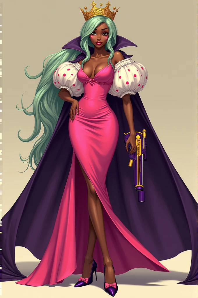. Hairstyle: Mandy has vibrant light green hair that falls naturally down her back. It is long, with a small section gathered and tied at the back. This style looks elegant yet effortless, perfectly matching her lively personality.
2. Crown: Mandy wears a golden crown on her head, which is ornate and detailed, symbolizing her status as a queen or someone of high authority. The crown features intricate patterns and embellishments, adding a regal touch.
3. Face: Mandy has dark skin, with subtle makeup that includes rosy pink spots on her cheeks, giving her a cute and charming appearance. Her facial features are soft, enhancing her overall allure.
4. Outfit: Mandy’s outfit is a vibrant pink dress that is short and form-fitting. The dress has fluffy white sleeves with red polka dots, adding a playful and striking detail. This combination makes her outfit both eye-catching and graceful.
5. Cloak: She wears a dark purple cloak that flows elegantly from her shoulders. The cloak is long and rich in texture, adding grandeur and power to her appearance. The dark purple color contrasts beautifully with the rest of her outfit.
6. Shoes: Mandy’s shoes are dark purple, matching her cloak. They are stylish with pink bows at the ankles, adding a cute and feminine touch. The shoes complete her look with a blend of elegance and charm.
7. Weapon: Mandy holds a gun in her right hand, designed in purple and yellow. The weapon looks sophisticated and is an important tool in the game, with its color scheme and design adding visual impact.
Using chiaroscuro will emphasize light and shadow contrasts, adding depth and dimension. Warm tones throughout the image will enhance its warmth and bring out vivid details,