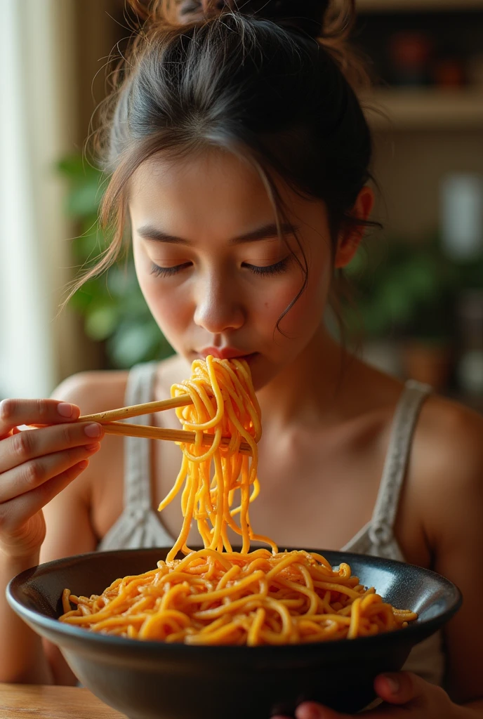 Beauty eating noodles，Photographic grade，Movie storyboard