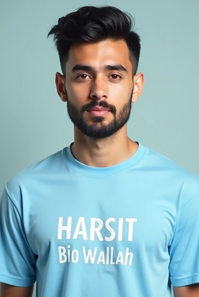 Make a cute boy with small beard with front view and also see in the front image without smile with a light blue colour new shirt and written on the shirt Harsit Bio Wallah real image age between 20-22