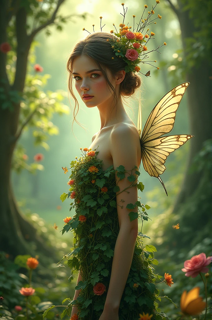 A fairy wearing only forest ornaments 