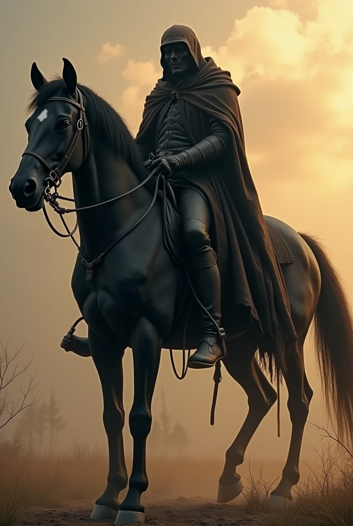 create the horseman of the apocalypse that represents hunger, riding a thin black horse