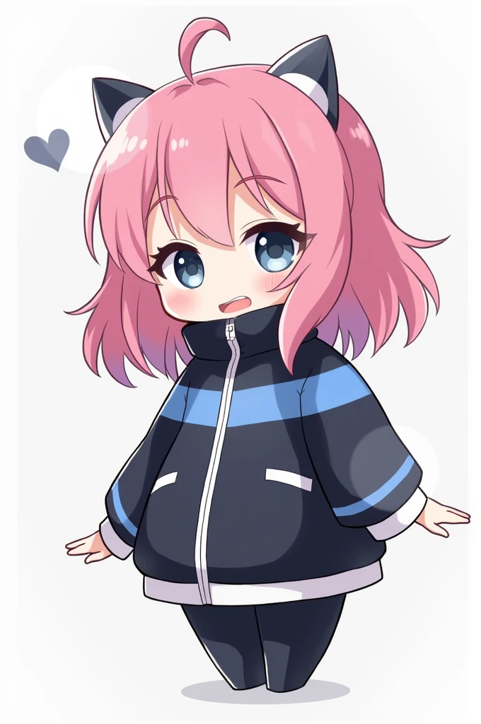 A cute and funny anime character with medium short pink hair wearing a special windbreaker suit with black and blue eyes and windbreaker style dress pants