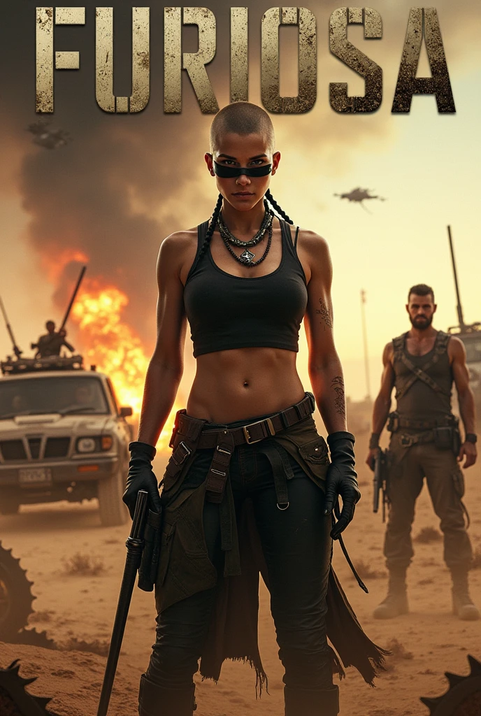 Center Furiosa, a fierce woman with a shaved head and black war paint across her eyes, in the foreground. She should be wearing rugged, battle-worn clothing and wielding a weapon. In the background, include prominent characters from the Mad Max saga, such as Max Rockatansky, with his rugged appearance, and Immortan Joe, with his menacing mask. They should be positioned on either side of Furiosa, slightly blurred but still recognizable. The desolate desert landscape should feature rusted, spiked vehicles and a stormy, dusty sky filled with fire, explosions, and flying debris. The overall color palette should be dark and gritty, with heavy contrasts to emphasize the harshness of the environment. The title 'Furiosa' should be bold and metallic, placed prominently at the top or bottom." 
i need to 16.9 ratio 