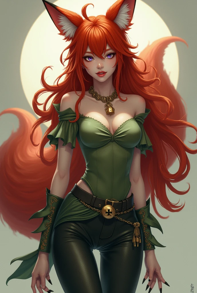 Kitsune in human form, long curly copper red hair, red tail, red cat ears, violet cat eyes, a necklace with a bell hanging around the neck, Caucasian skin, leather pants, tight blouse in leaf green, black leather boots and very long, sharp nails
