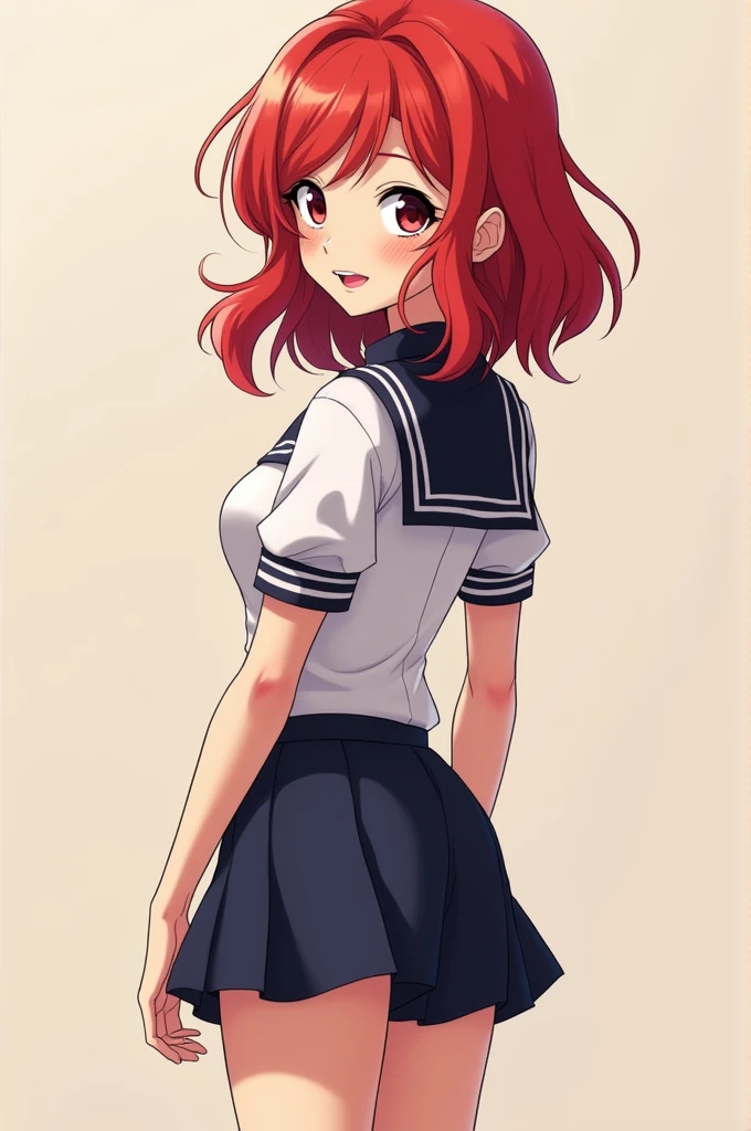 Girl student from Boku no hero academia, redhead wavy hair, pink lips small waist and curves 