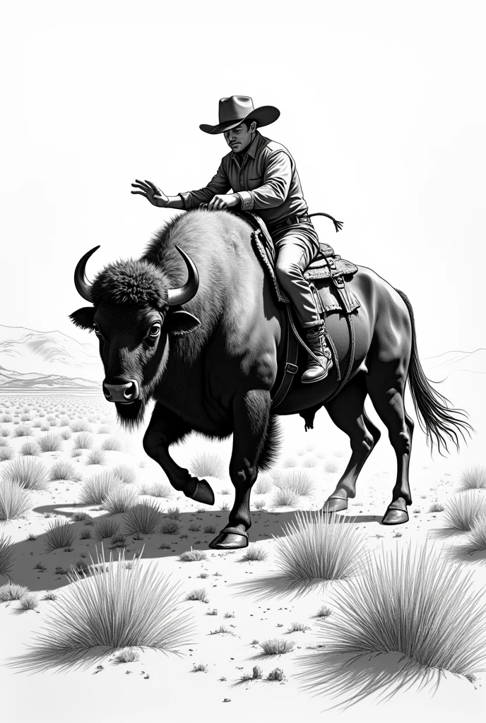 a buffalo, artwork in the style of Tony Moore, black and white linework, Western comics, Wyoming landscape, rodeo