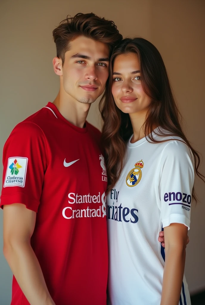 A 22 years old boy, who wear a Liverpool Jersey.. And and a 20 years girl who wear a real madrid Jersey.. They are couple