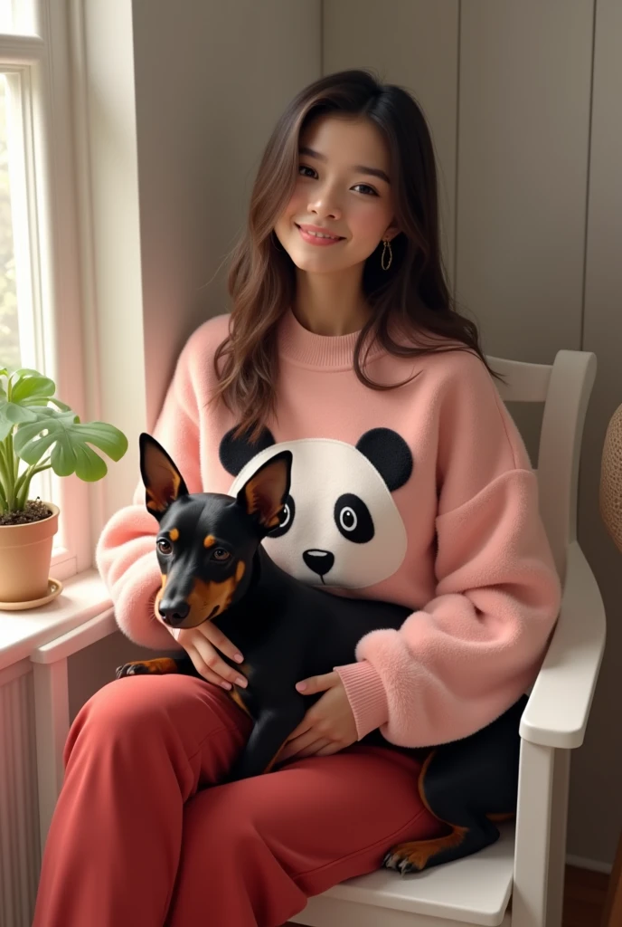 A young adult named Giovanna wearing a light pink furry sweatshirt with a panda print, she is wearing red pants, a white sock, long straight dark brown hair, sitting on a white wooden chair with a black pinscher dog on her lap