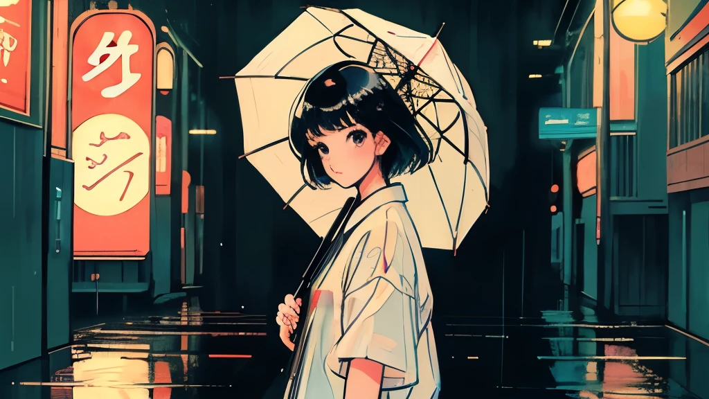 masterpiece, Highest quality, A girl walking down a rainy Tokyo street, short hair,holding an umbrella, with neon signs reflecting on the wet pavement, lyco art, a manga drawing, by Satoshi Kon, lofi hip hop, wlop : :, ukiyo, ukiyo-style, yukito kishiro.