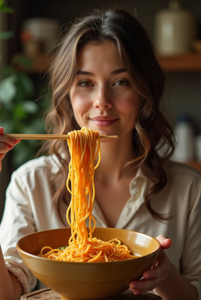 Beauty eating noodles，Photographic grade，Movie storyboard