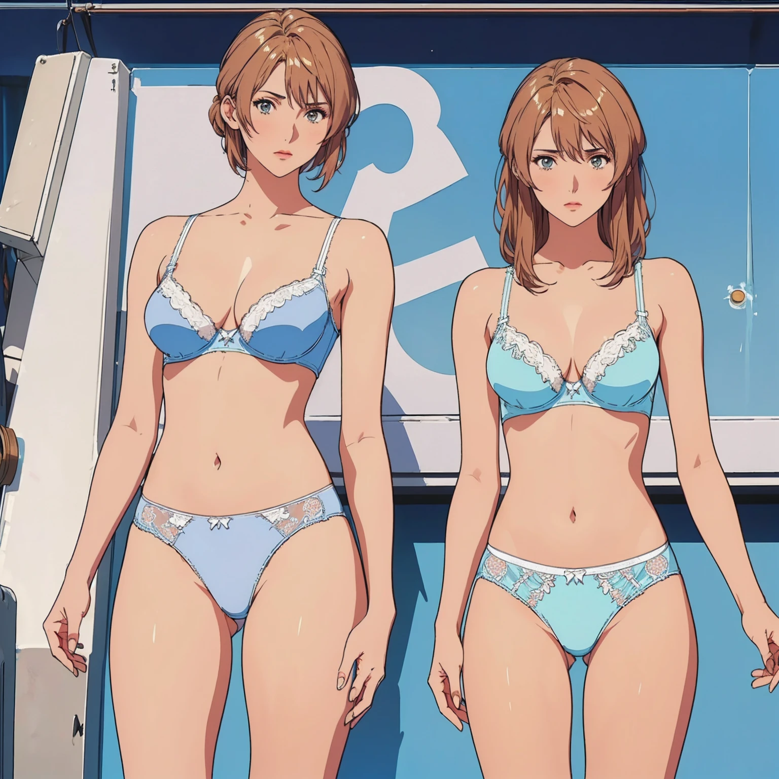 ((masterpiece)), (((Highest quality))), ((Reference Sheet, Character Design)), Highest quality, masterpiece, Ultra-high resolution, Original photo, Ultra-high resolution, Three beautiful women, Blonde hair, embarrassed, blush, Wearing a lace bra, Wearing lace panties, (elaborately designed luxury panties for adults, panties high definition images, draw panties with super precision), (((threads of the seams for panties crotch is visible))), (((stitch of panties is visible)))