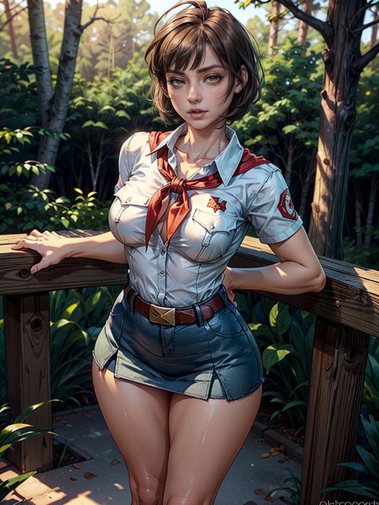 detailed eyes, (full body shot:1.2), 8k, (skinny body:1.2), curvy, (hands behind her back:1.2), seductive pose, looking at viewer, 8k vector photography, , beautiful eyes, realistic lighting, detailed outfit, realistic facial features, hyper detail, (perfect angle, focus on face hips and breastegane), (very short hair:1.3), short disheveled hair, ahoge, huge chest, pioneer neckerchief, micro blue tight skirt, bangs, shirt, collarbone, very tight white shirt, short sleeves, collared shirt, belt, eyelashes, red neckerchief, breast pocket, face, realistic eyes, better face, summer morning forest