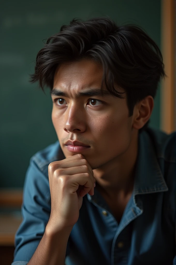 The photo depicts a handsome 25-year-old, who appears to be deep in thought or possibly disturbed.   He rests his head on one hand and looks down.  which indicate that it may be in a classroom or gathering.   The lighting is soft, and the overall tone of the image suggests a mood of contemplation or concern.