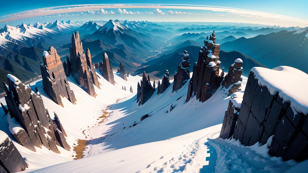 Panoramic view from the perspective of someone standing on top of a very high mountain.