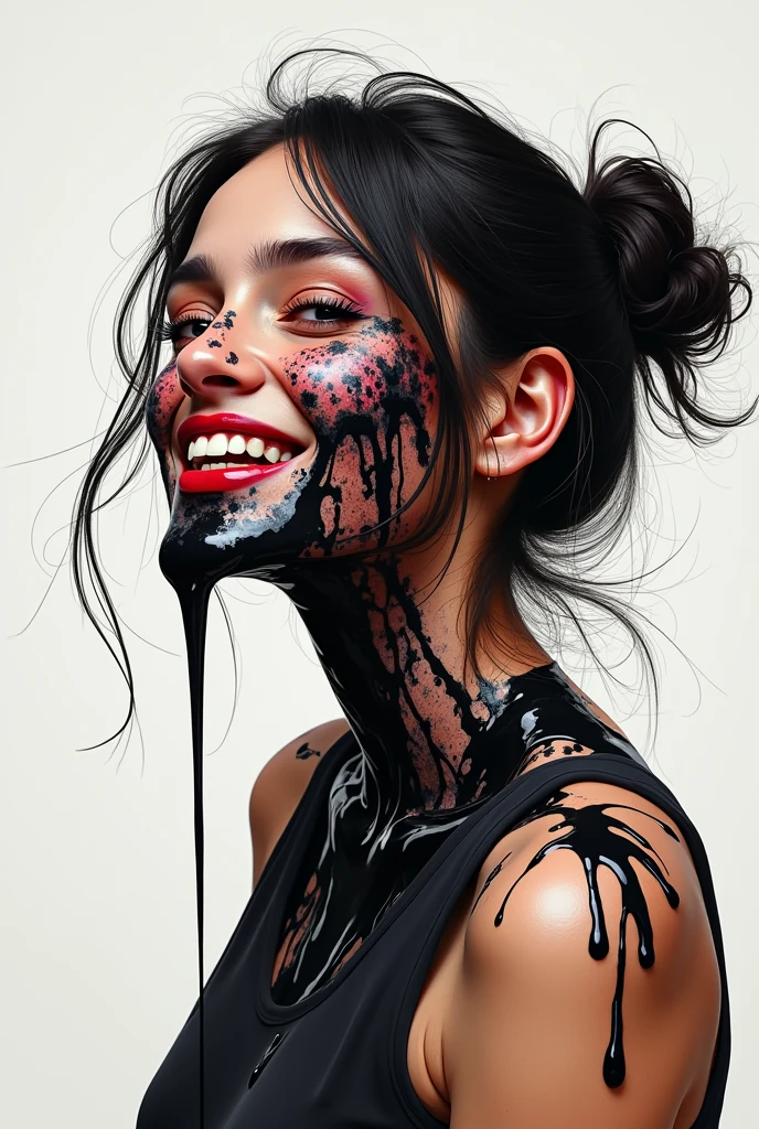 A girl is pouring ink on her face  by herself and laughing at her own