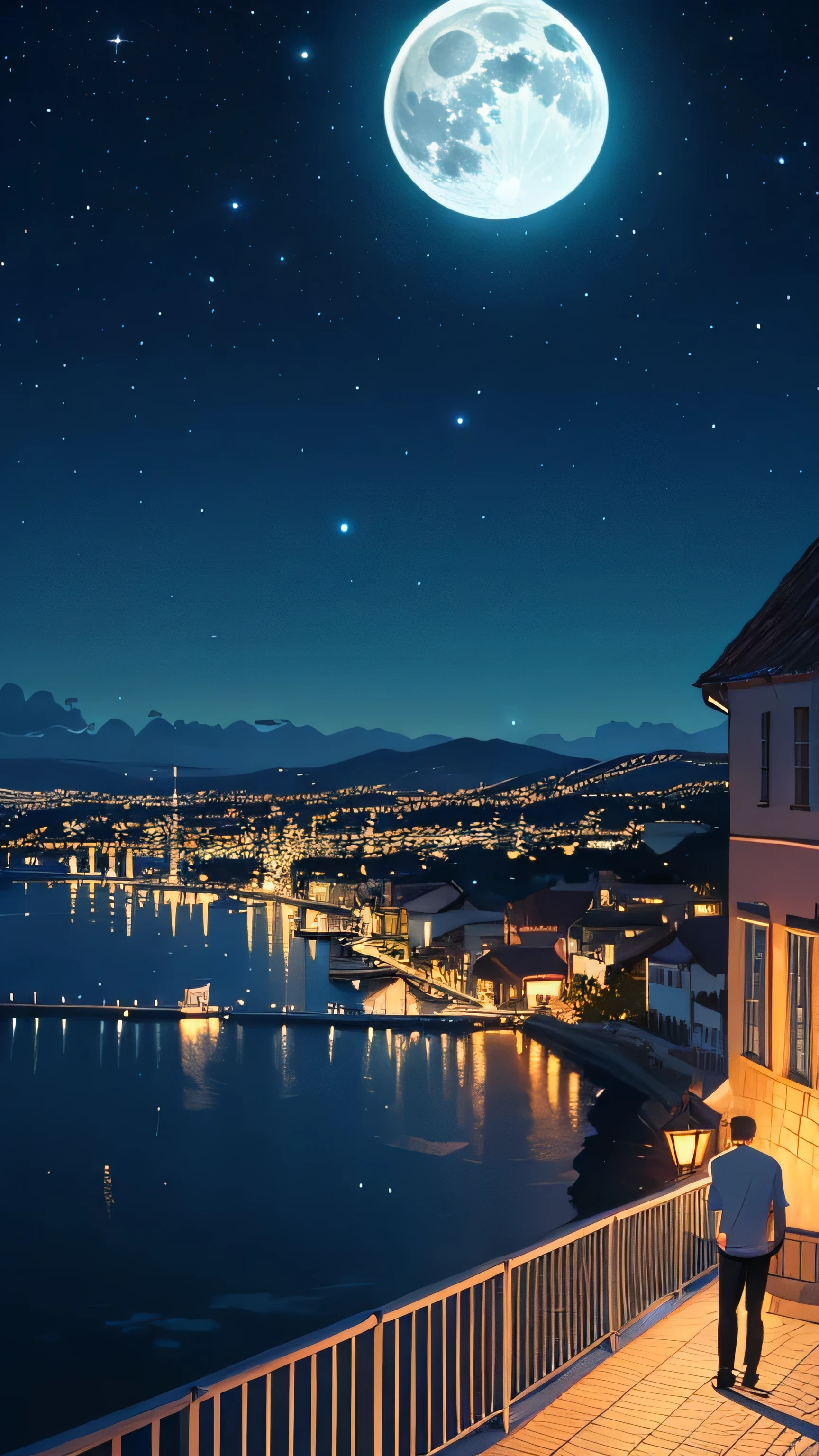 A man leaning on balcony reelings, evening, stars and clouds, full moon, small town lights, sea on horizons, glittering seas