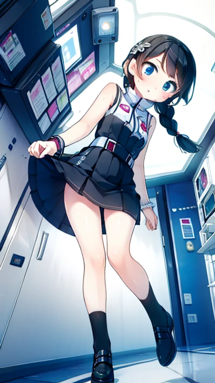 (Highest quality), (masterpiece), 1080P, High resolution, 4K, 8k, Inside the space station、Futuristic room、Thigh straps, Shooting from directly below, The woman on top of me, 白いSweat, Covered , Sweat, Woman looking down, Skirt swimsuit, Thigh-high socks, To achieve this, , , whole body, Black leather shoes, Braided hair, Inner Color, Embarrassed face, Short black hair, bracelet, Bedroom,celestial body_Vest
