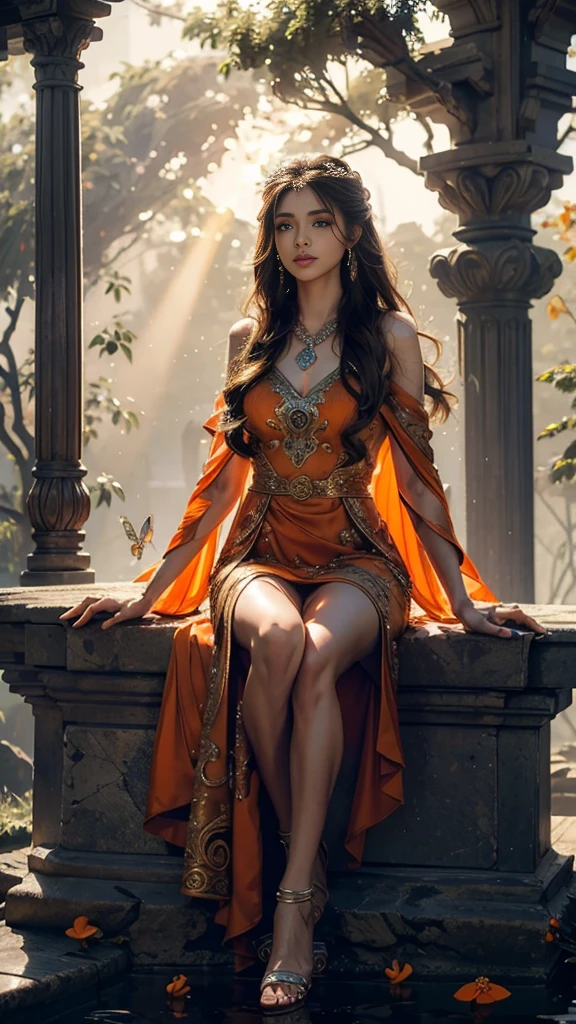 4K, UHD, Masterpiece, 1 girl, good face, detailed eyes, ((very long hair)), bridal hairstyle, butterfly on hair, ornaments, crystal ornaments, jwellery, block print dress, ((orange dress)), very detailed dress, strap dress, flowing cape, mesh stocking, cinematic unreal scenery, legendary scenery, rainy weather, wet ground, depth of field, ray tracing, bloom, god rays, lens flare, sun flare, cinematic pose, sitting,