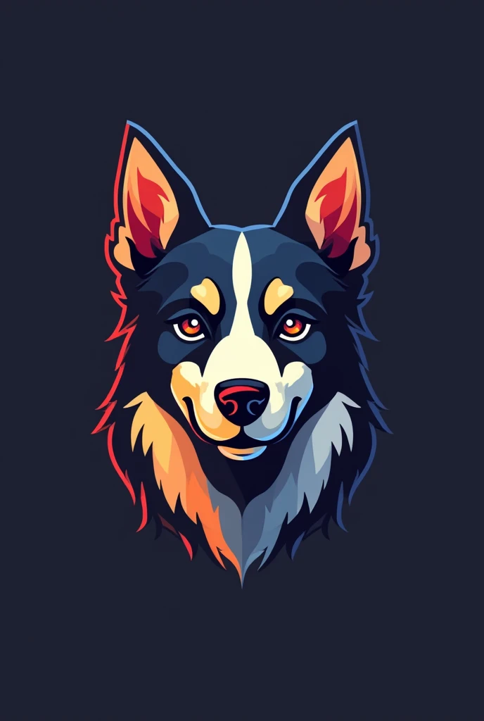 Symmetrical dog head mascot logo, without details, simple lines, using only 6 color tones without gradients, saturated colors