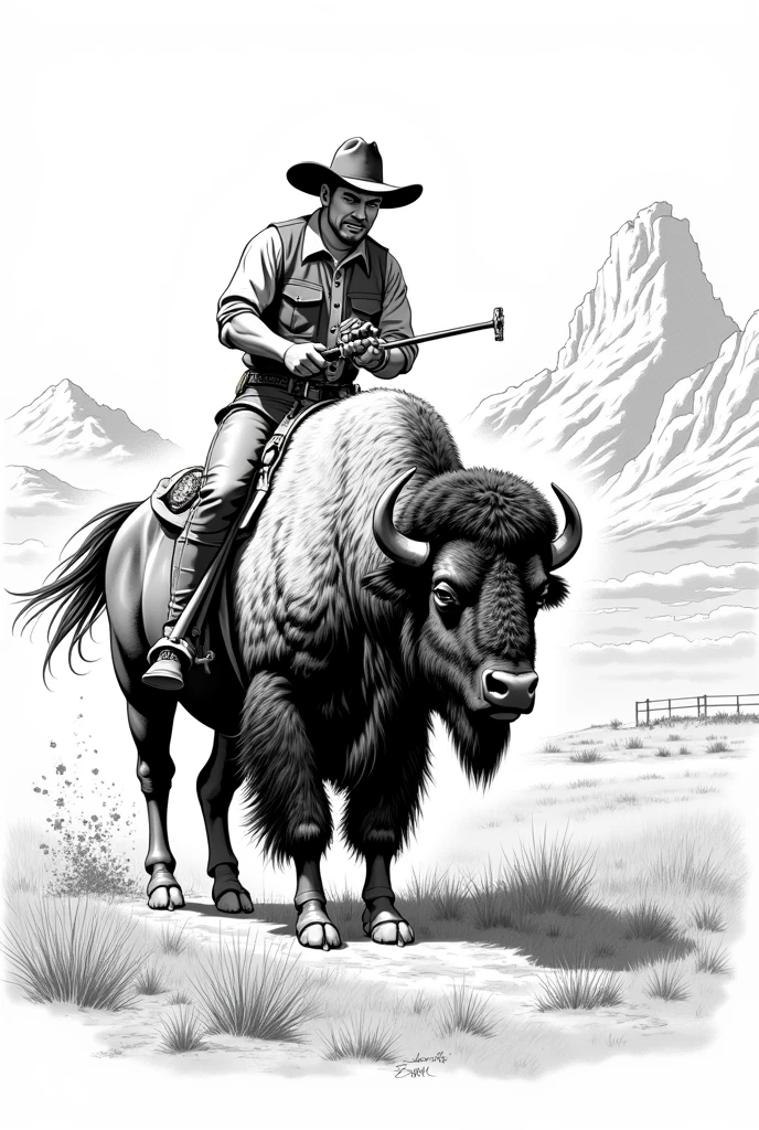 a bison, artwork in the style of Tony Moore, black and white linework, Western comics, Wyoming landscape, rodeo