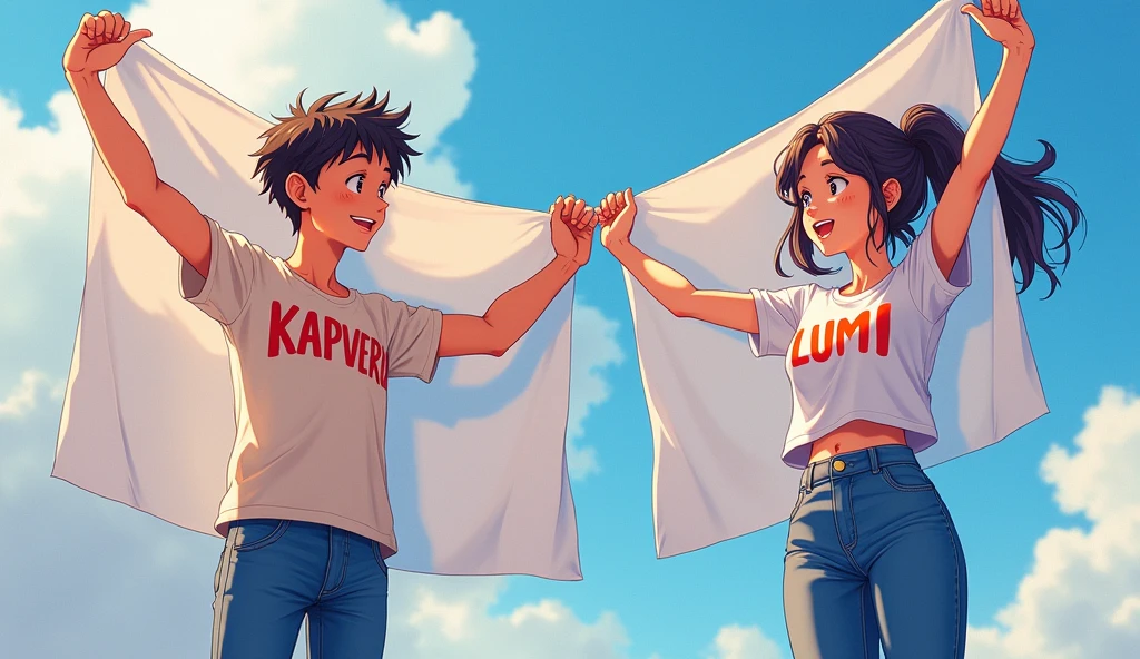 anime style,bright colors, boy,Dressed in jeans and a T-shirt on which is written Kapvera, the inscription is clearly visible, Girl on the other side of the guy,in Jeans and a T-shirt on which is written LUMI the inscription is clearly visible, hands raised up, Holding a Large Infinity Poster with Beautifully Written Letters, joy, masterpiece, detailing