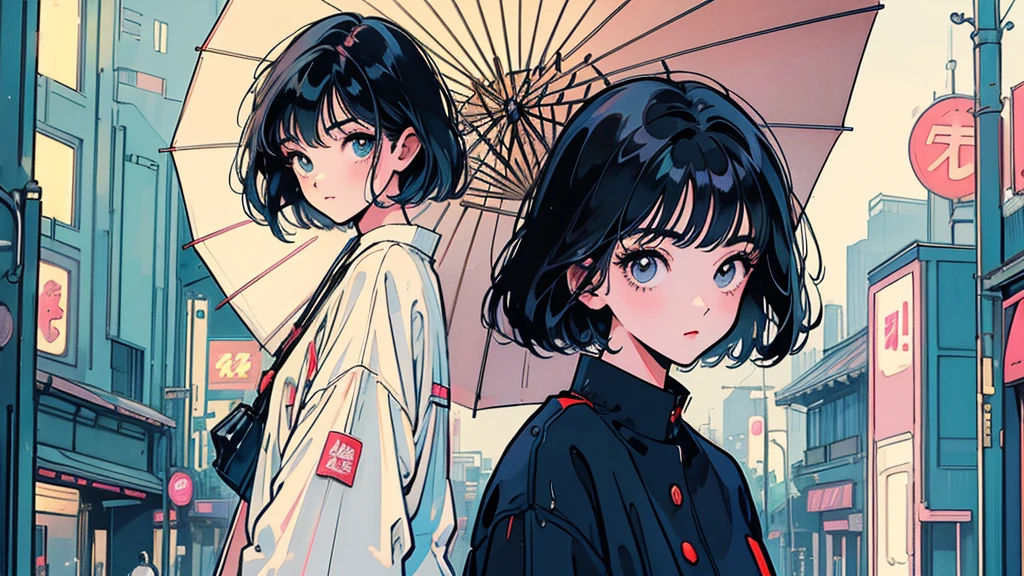 masterpiece, Highest quality, A girl walking down a rainy Tokyo street, short hair,holding an umbrella, with neon signs reflecting on the wet pavement, lyco art, a manga drawing, by Satoshi Kon, lofi hip hop, wlop : :, ukiyo, ukiyo-style, yukito kishiro.