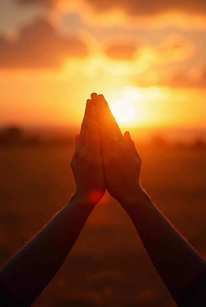make a thumbnail for youtube,hands praying to the warm colored skies with sun rays showing the presence of God at dusk, photo realist,8 k quality, fullHD