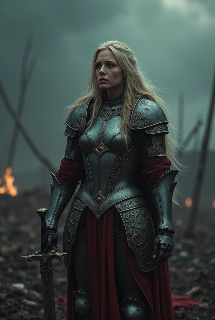dark fantasy, somber atmosphere, the battle quiets as the storm begins to subside, leaving behind a scorched and desolate battlefield, a Blonde warrior woman, Xeena, pale skin, full plate armor with intricate designs, sword held in one hand, stands amidst the devastation, her armor battered but her resolve unbroken, the camera slowly zooms in on her face, showing a mixture of exhaustion and determination, the sky above is still dark, but the first stars begin to peek through the clouds, the scene is calm but heavy with the weight of what has transpired, preparing for the final, reflective moments of the song