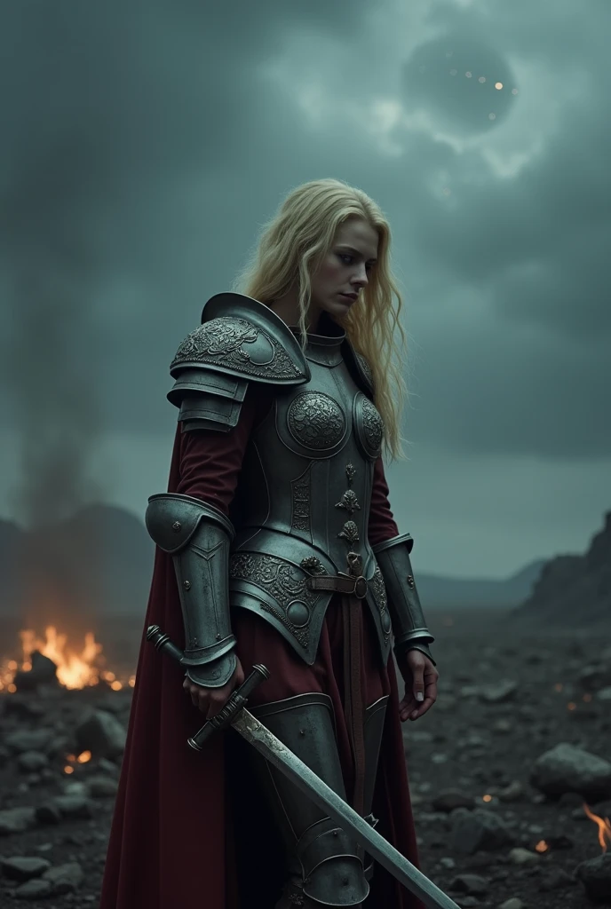 dark fantasy, somber atmosphere, the battle quiets as the storm begins to subside, leaving behind a scorched and desolate battlefield, a Blonde warrior woman, Xeena, pale skin, full plate armor with intricate designs, sword held in one hand, stands amidst the devastation, her armor battered but her resolve unbroken, the camera slowly zooms in on her face, showing a mixture of exhaustion and determination, the sky above is still dark, but the first stars begin to peek through the clouds, the scene is calm but heavy with the weight of what has transpired, preparing for the final, reflective moments of the song