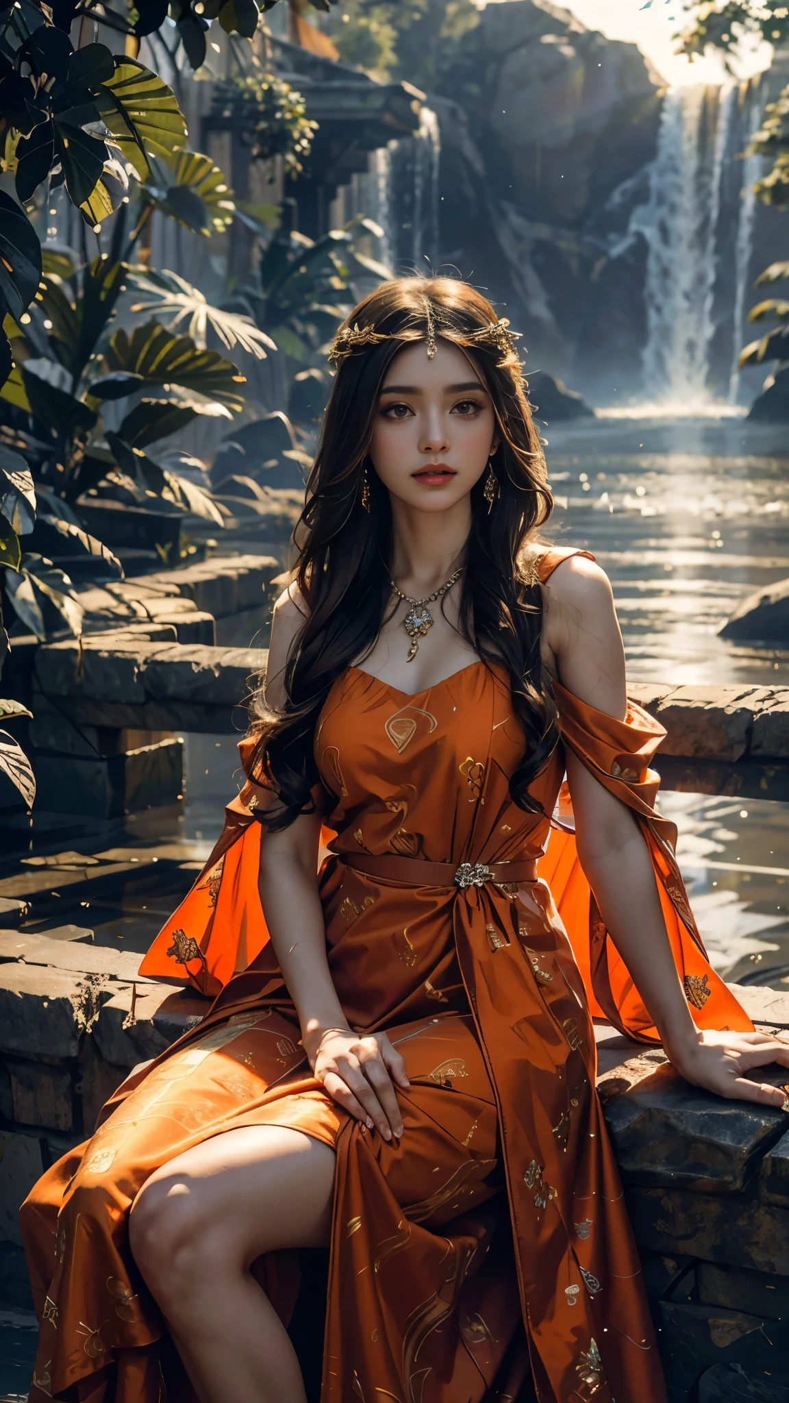 4K, UHD, Masterpiece, 1 girl, good face, detailed eyes, ((very long hair)), bridal hairstyle, butterfly on hair, ornaments, crystal ornaments, jwellery, block print dress, ((orange dress)), very detailed dress, strap dress, flowing cape, mesh stocking, cinematic unreal scenery, legendary scenery, rainy weather, wet ground, depth of field, ray tracing, bloom, god rays, lens flare, sun flare, cinematic pose, sitting,