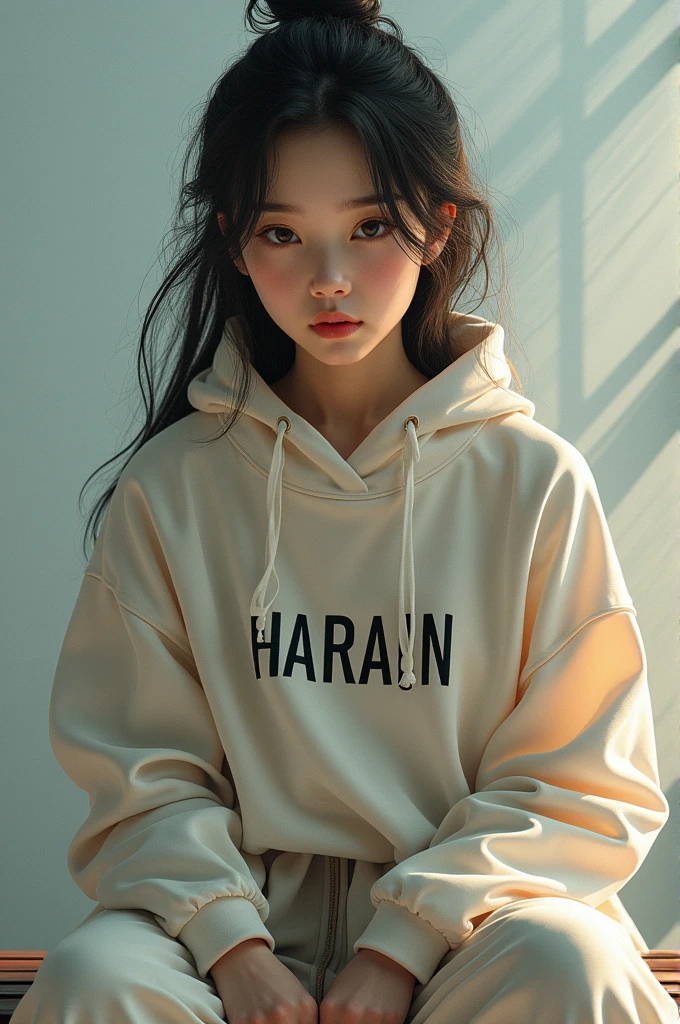 A beautiful girl whose name is HUARAIN written on her clothes or a handsome boy whose name is written on his clothes HIMANSHU or both of them are looking towards the front or are sitting on the bench.
