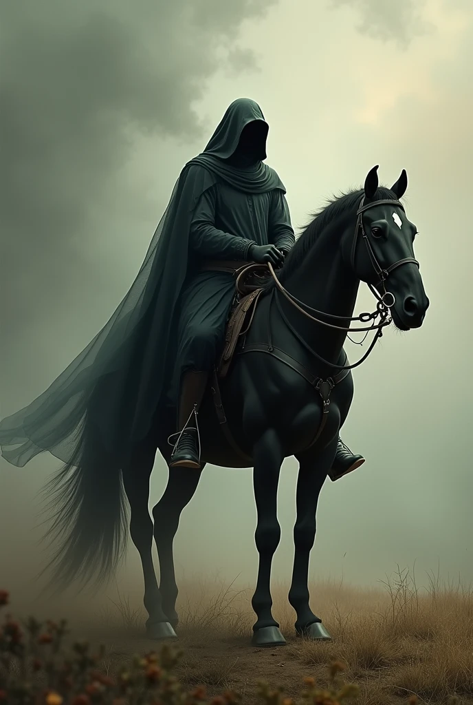 create the horseman of the apocalypse that represents hunger, riding a thin black horse