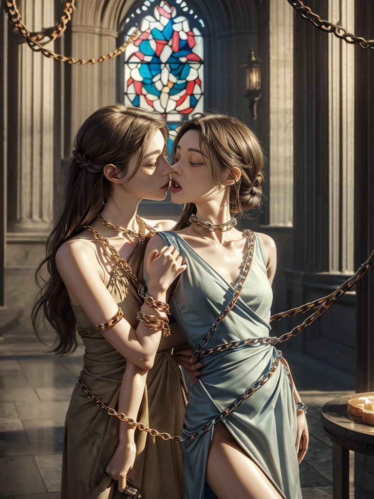 {(watercolor painting:1.2),(ultra realistic photo graphic style:1.1),(renaissance style:1.2)}, {(extremely detailed beautiful face and eyes and skin and hair)}, BREAK, {erotic face,anguish,(very ecstasy:1.2),(writhing:1.4),embarrassing,half open eye},{(very obscene pose:1.2),(arched back:1.2),(arch one's head:1.4)}, {(very Amazing mini length dress:1.2), (very beautiful mini length dress:1.2),(beige colored dress), (sky-blue colored dress), (green-yellow colored dress),(magenta colored dress),(wet clothes:1.2)}, BREAK, {(many chains from the ceiling:1.4), (chain shibari:1.3),(chain bondage), (chain restraint),(wrap limbs with chains:1.8),(chain bind body),(chain in collar:1.2), confinement, shackles}, BREAK, {(2 woman, medium breasts, (lick each other:1.2, saliva), braid hair intricately)},{dynamic low angle view}, {(palace throne room:1.2),(glowing stained glass:1.2)}, BREAK,{(glowing tears:1.1),(pure white skin:1.1)}
