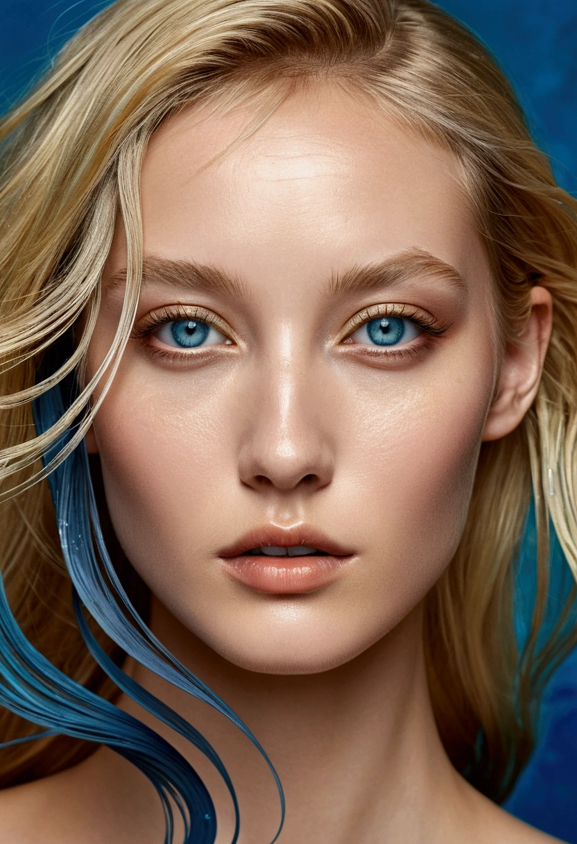Beautiful supermodel woman with blonde hair, a lock of hair with a slight highlight, blue-gray eyes, mixed medium, undried paint, jewel beetle, colored background, liquid color flowing across her face, photographed by Jingna Chang. --v 6