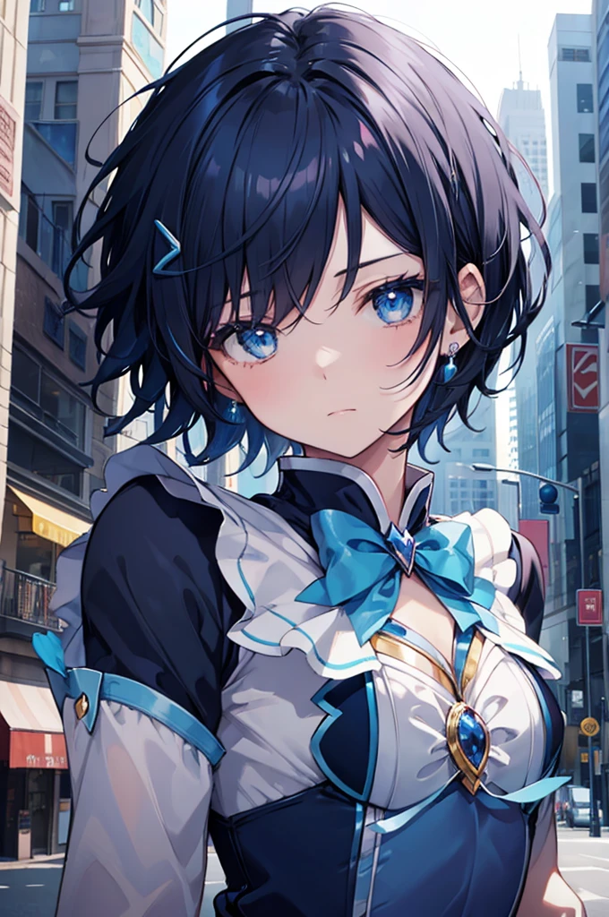 ((blue magical girl)), solo, black hair, (short hair), city town, sad, hair pin
