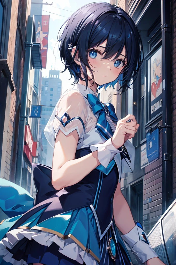 ((blue magical girl)), solo, black hair, (short hair), city town, sad, hair pin