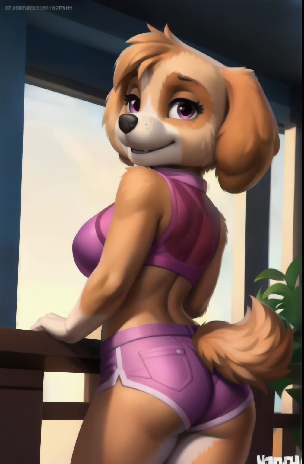 Detailed texture of fluffy fur., impressionist mix, (por Foxovh, Ross Tran, Michael Garmash, pino daeni, Spark - spark), detailed eyes, very detailed students., alone, furry, The second, skye-pp, domestic dog, female, magenta eyes, cream skin, golden brown body, skin body, Fully dressed, Detailed texture of fluffy fur., curves, Wide hips, inner hairy ears, blue shorts, apartment interior background, day, big ones, udo butts naked all body
