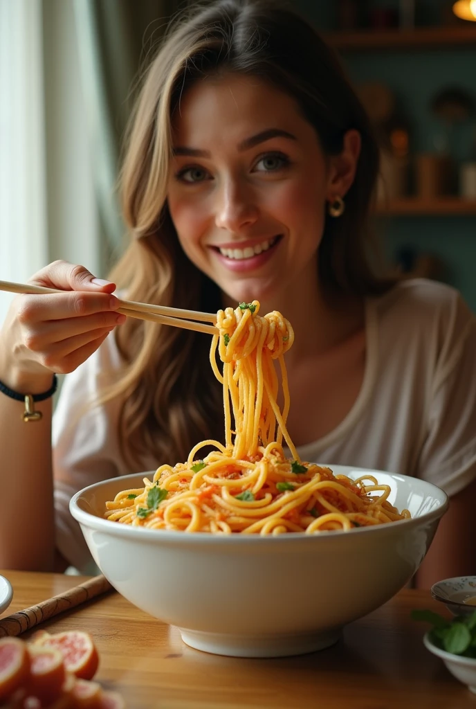 Beauty eating noodles，Photographic grade，Movie storyboard