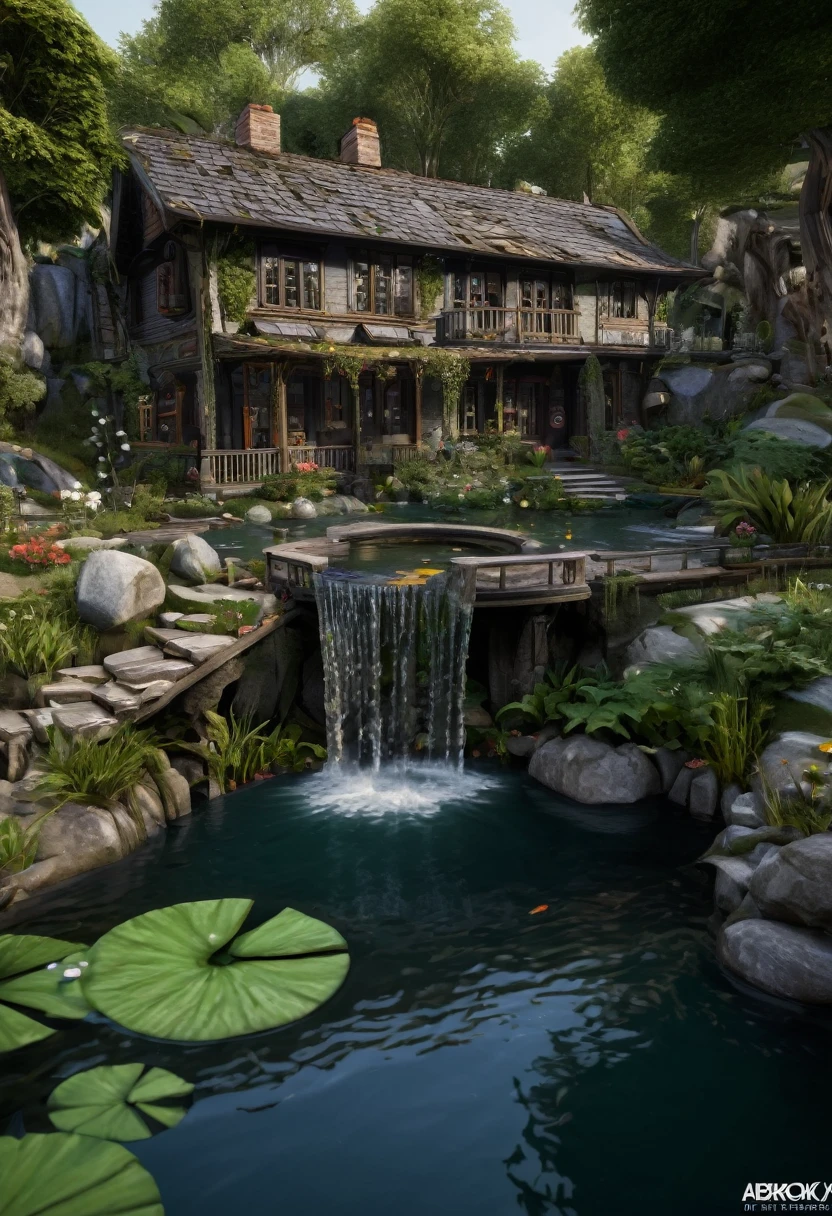 a close up of a house with a pond and a waterfall, 8 k highly detailed โค๐ฅ ๐ฅ ๐ ๐ค ๐, 8k highly detailed โค๏ธโ๐ฅ ๐ฅ ๐ ๐ค ๐, realistic unreal engine 3 d game, concept art. 8 k, highly realistic unreal engine, highly detailed photorealistic, in style of ultra realistic, detailed realistic 8 k, architectural visualization