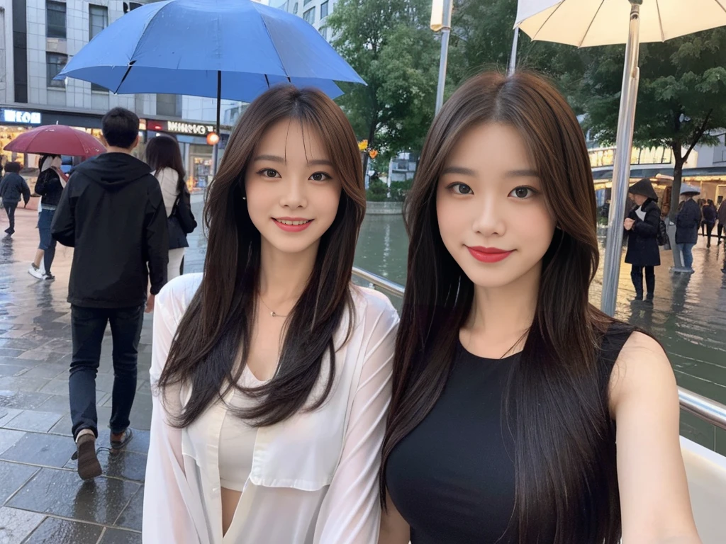 ((best quality, 8k, masterpiece:1.3)), focus: 1.2, perfect body beautiful: 1.4, buttocks: 1.2, ((layered hairstyle, breast: 1.2)), (wet clothes: 1.1), (rain, street:1.3), tube top dress: 1.1, Highly detailed facial and skin textures, beautiful eyes, double eyelids, Whiten skin, long hair, (shut up: 1.3), Smile, There is a woman standing on a boat with an umbrella., Gingerlan and Steve McCurry, By Li Song, By Raymond Han, By Yang J, Beautiful lighting elements, By Xia Yong, Girl under the lamp, cinema. By Lengjun, By doing too., By Fei Tansu, By Leng Mei, Fantasy photography, She is walking on the river.