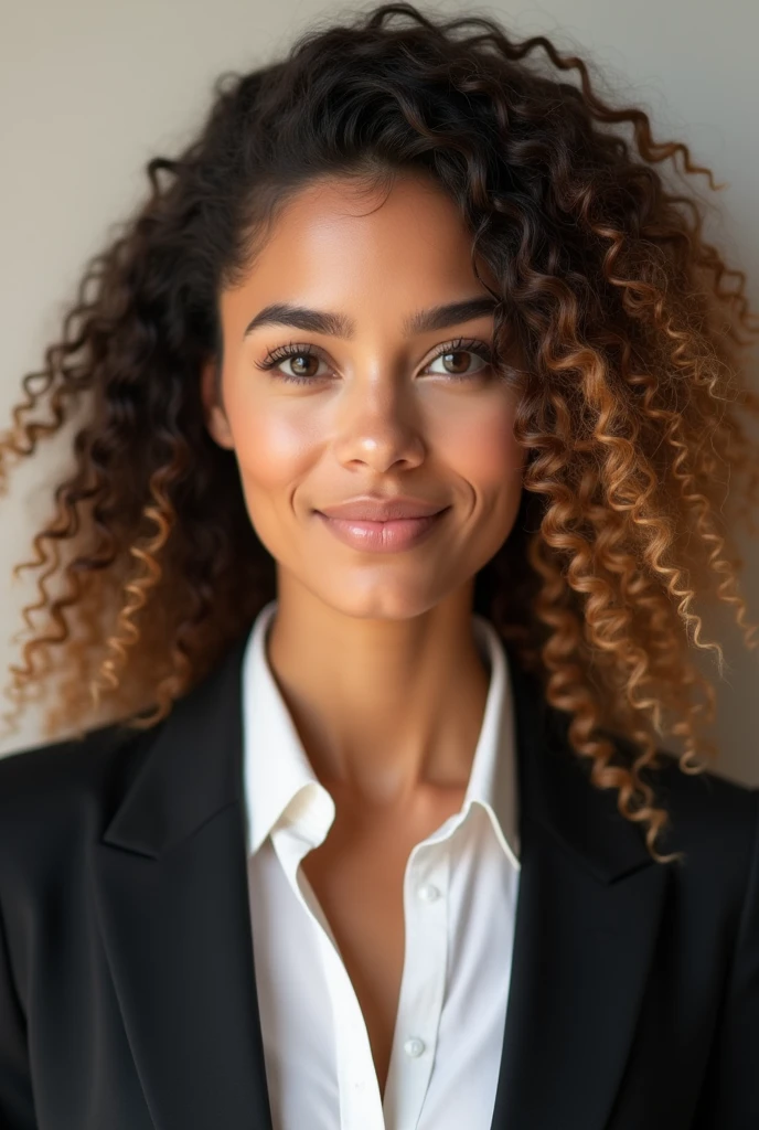 Girl, an oval and more defined face, with slightly more pronounced cheekbones. Her clear and soft skin. his eyes, large and chestnut , a deep and confident look, with dark eyebrows, fine and well defined, thick.
Her straight nose is proportional and harmonious with the rest of her features.. The lips, Natural pink color, with its shape defined especially in the upper lip.
Curly and voluminous hair highlighting, but I could wear it in a more polished and professional style, Chestnut colored with golden highlights.
La Girl debe acercarse a los 30 años y en la imagen se debe notar su profesión turismo