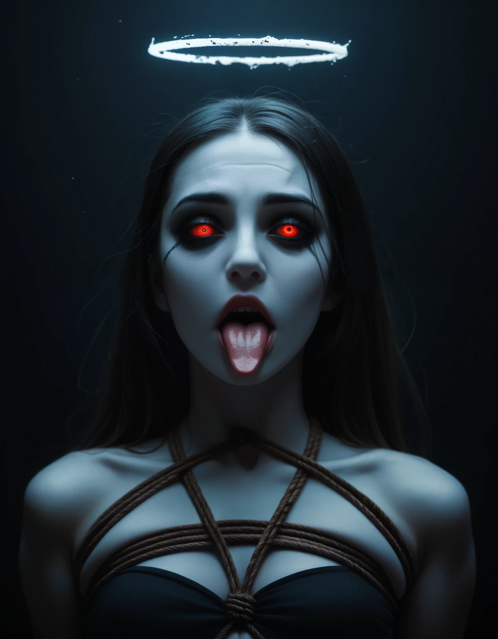 Monochromatic, surreal illustration featuring a head with a black, textured surface, devoid of facial features. The head is encircled by a white halo-like ring, creating a stark contrast against the dark background. The mouth is open wide, revealing a tongue with a piercing. The neck is wrapped with multiple ropes, adding to the eerie and unsettling atmosphere of the image. The overall composition is minimalistic yet striking, with a focus on the disturbing and abstract nature of the subject, anime, anatomicamente correto, super detalhado, alta qualidade, 4K