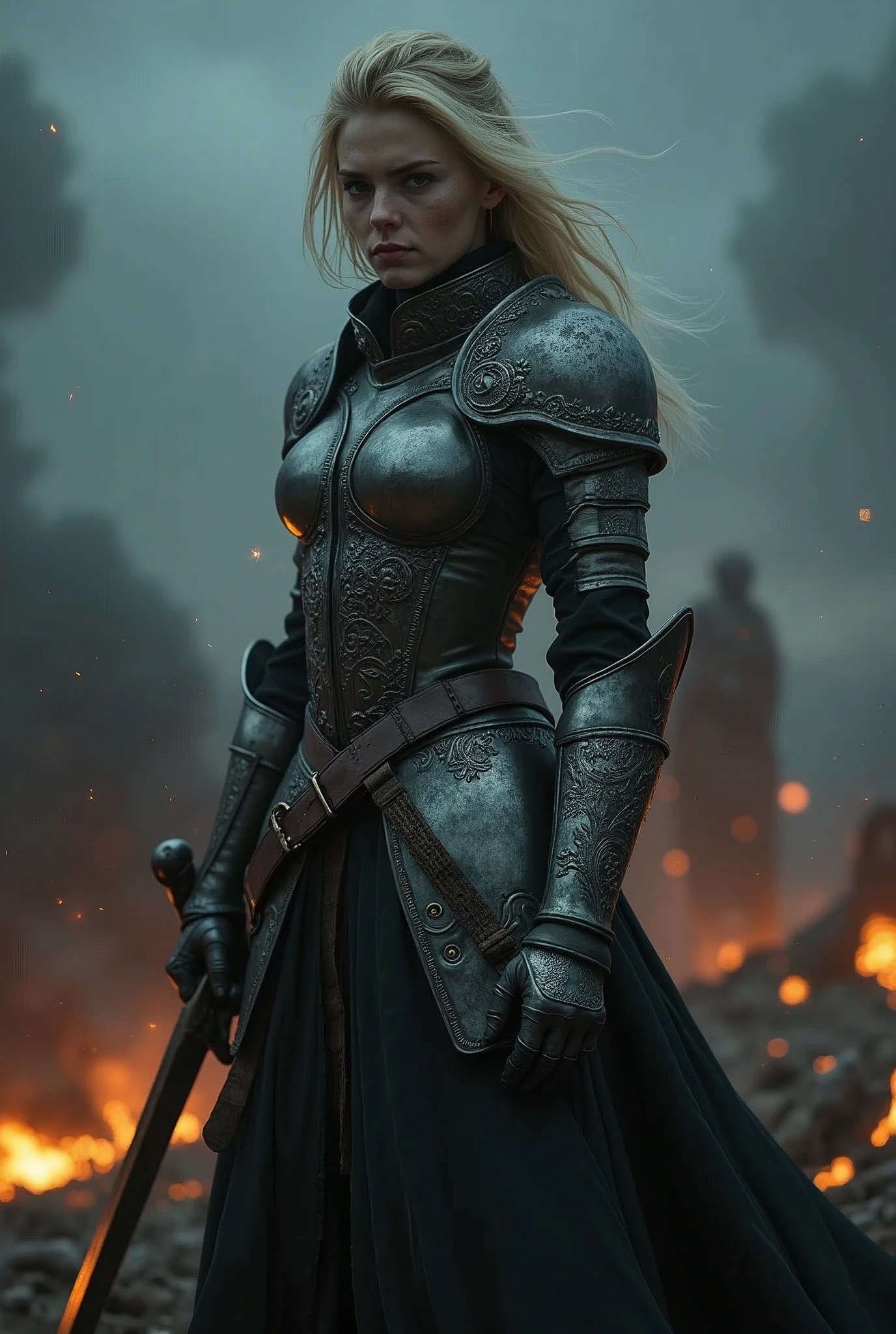 dark fantasy, somber atmosphere, the battle quiets as the storm begins to subside, leaving behind a scorched and desolate battlefield, a Blonde warrior woman, Xeena, pale skin, full plate armor with intricate designs, sword held in one hand, stands amidst the devastation, her armor battered but her resolve unbroken, the camera slowly zooms in on her face, showing a mixture of exhaustion and determination, the sky above is still dark, but the first stars begin to peek through the clouds, the scene is calm but heavy with the weight of what has transpired, preparing for the final, reflective moments of the song