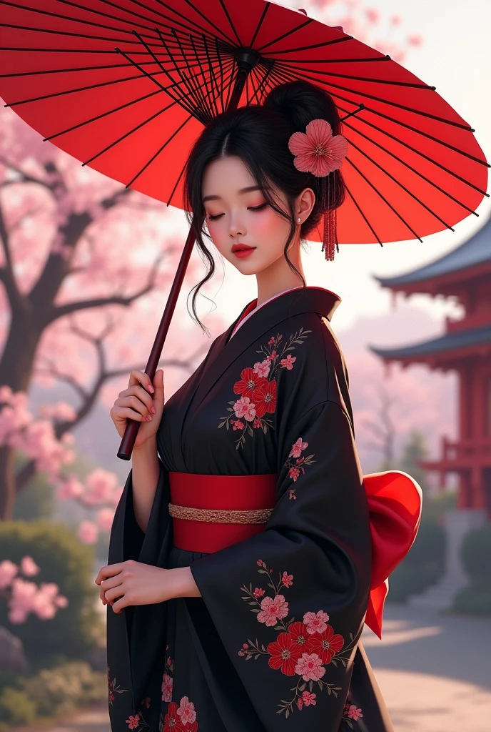 A hyper realistic Anime style portrait, Create a digital painting of an elegant woman dressed in a traditional Japanese kimono with a modern twist. The kimono is primarily black, providing a strong and sophisticated base, and features red and pink cherry blossom patterns that add warmth and delicacy. The red obi (belt) complements the kimono and adds a vibrant contrast. The woman is holding a large red umbrella above her, with subtle highlights that suggest sunlight filtering through. Her eyes are closed, exuding grace and serenity, and her hair is styled in a neat updo with soft waves. The background should depict a serene Japanese garden with cherry blossom trees in full bloom and a traditional pagoda structure in muted reds, with soft pastel hues creating a peaceful atmosphere. The textures should be smooth and polished, with the kimono appearing silky and luxurious, and the cherry blossoms delicate and soft. The overall atmosphere should be calm and sophisticated, with a harmonious blend of colors and textures that emphasize the character’s elegance and the serene setting